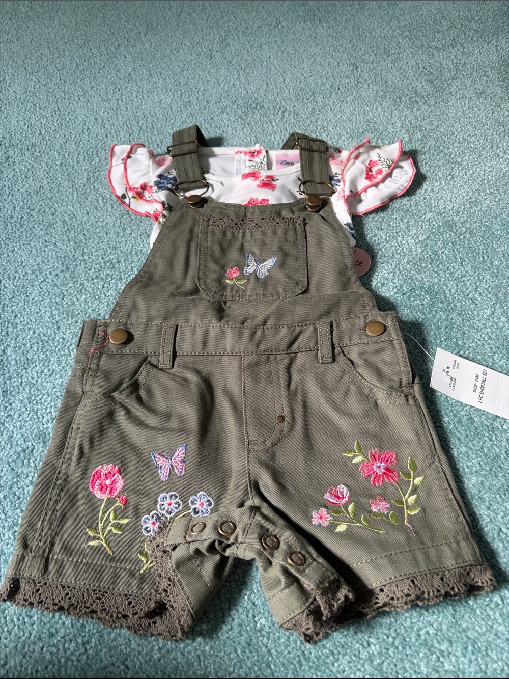 Little Lass Olive Green Floral Embroidered Short Overalls